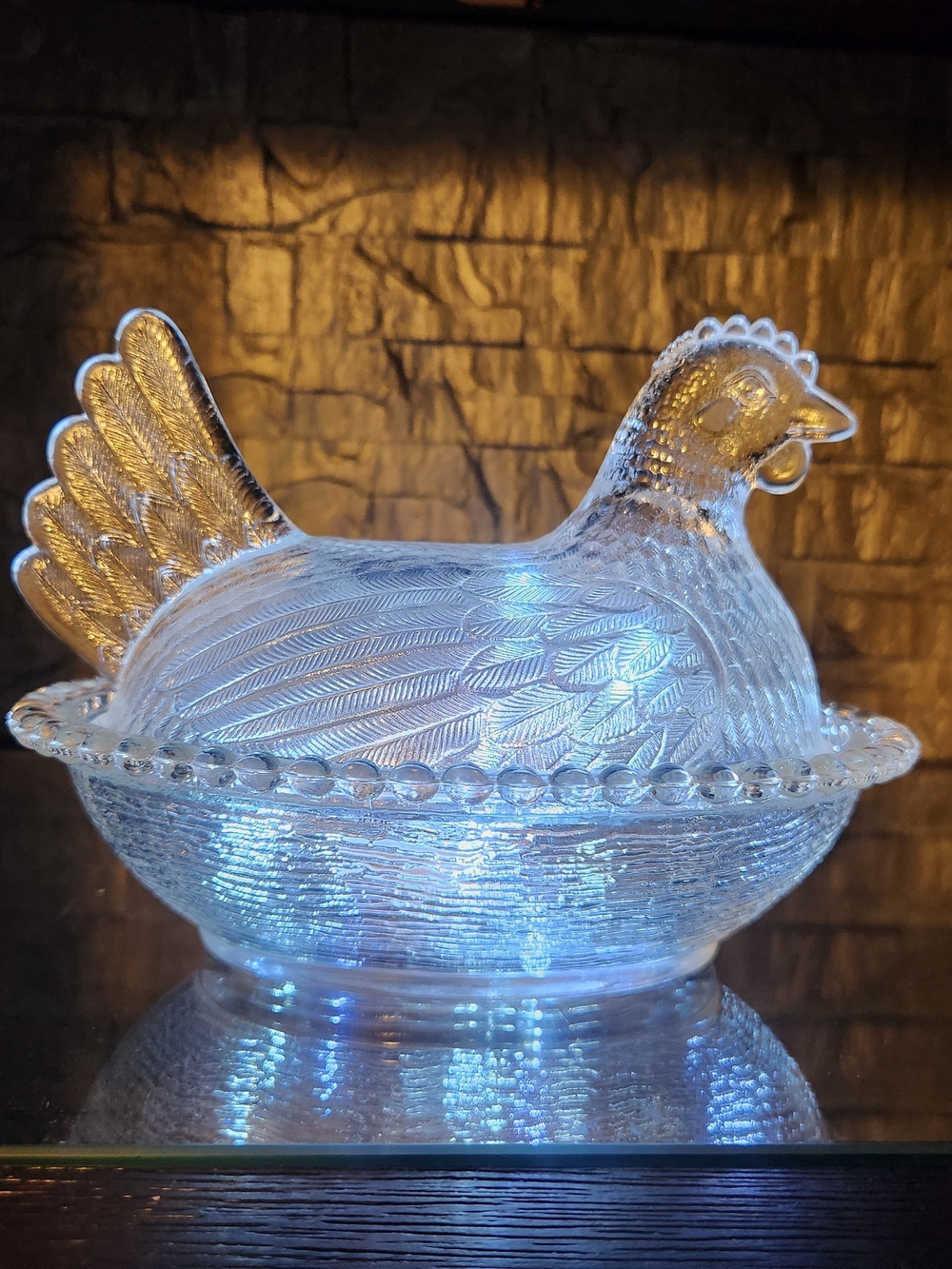 Vintage Indiana Glass Clear Hen On A Nest Candy Dish Beaded Rim Textured Base
